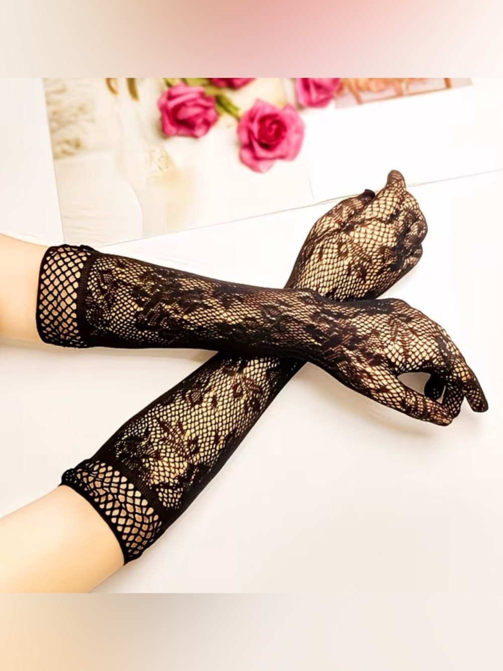 Black Lace Opera Gloves: Prom, Evening Wear, wedding guest, black tie, goth - Picture 7 of 8